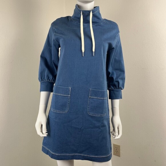 Madewell Women Size XXS Denim Sweatshirt Tunic Shift Mini Dress Funnel Neck Mod - Picture 8 of 13